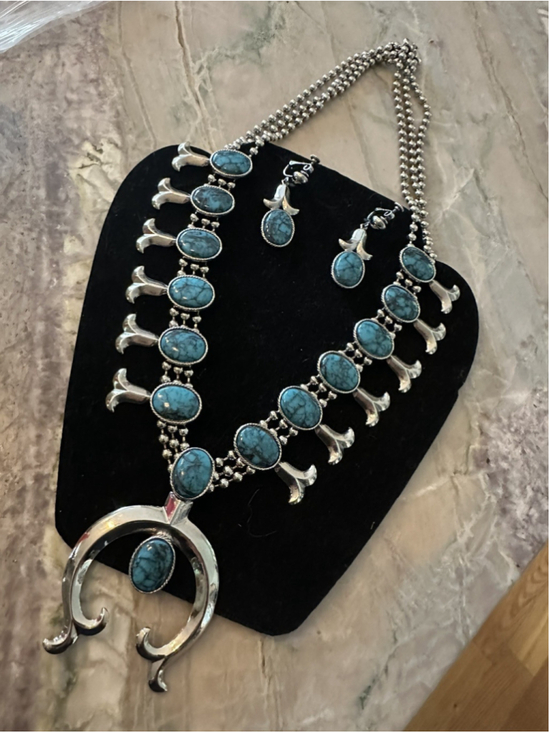 Goldette Jewelry - Vtg Goldette Signed Squash Blossom Necklace& Earring Set Turquoise blue silver
